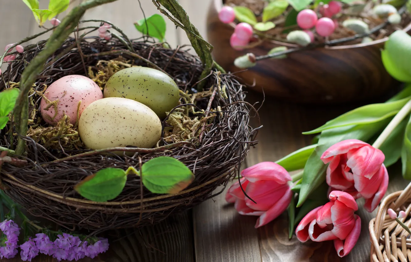 Фото обои цветы, праздник, яйца, весна, пасха