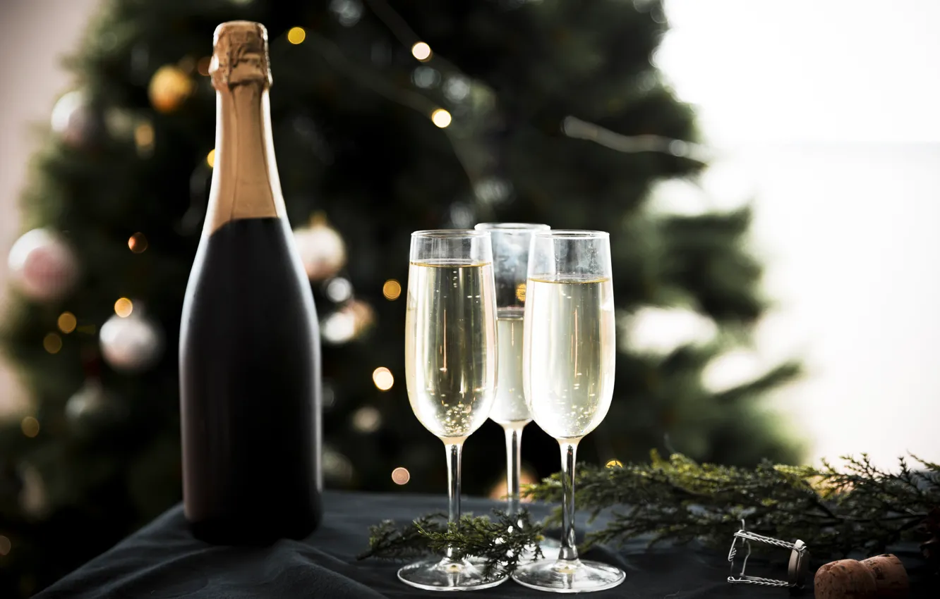 Фото обои праздник, бутылка, Новый Год, бокалы, шампанское, декор