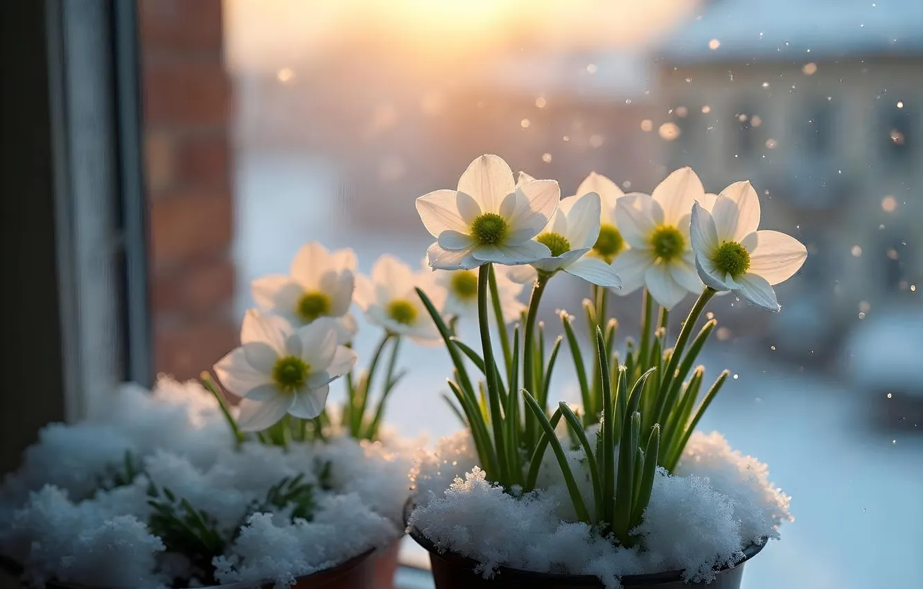 Фото обои зима, снег, цветы, весна, flowers, winter, snow, spring