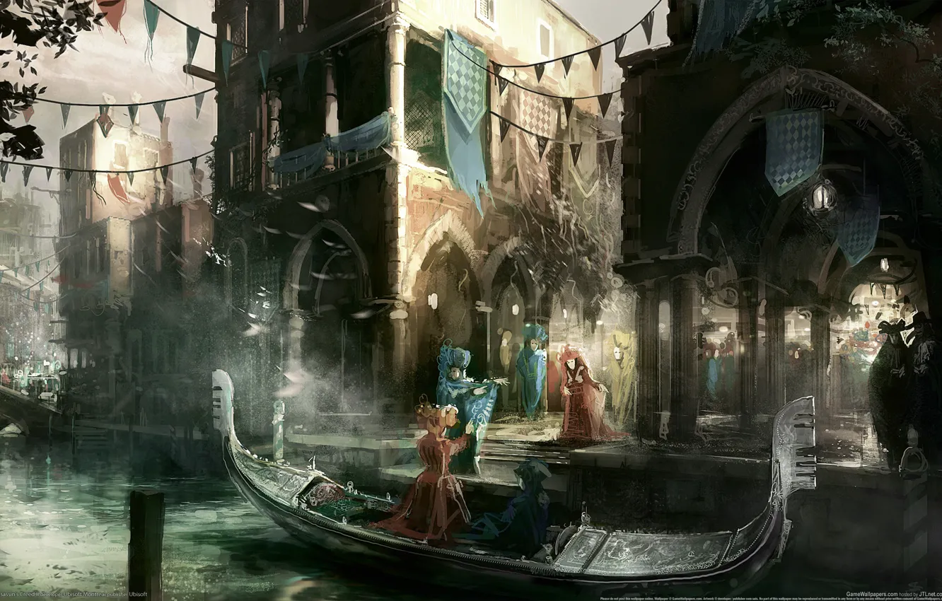 Фото обои город, люди, лодка, канал, assassins creed, венецыя