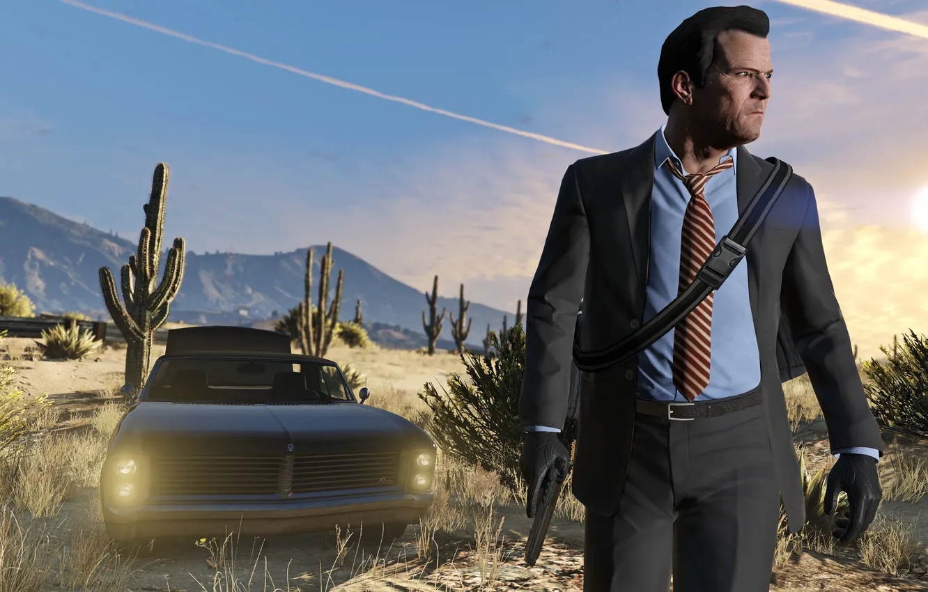 Фото обои City, Car, Gun, Game, Grand Theft Auto V, GTA V, Desert, Michael De Santa