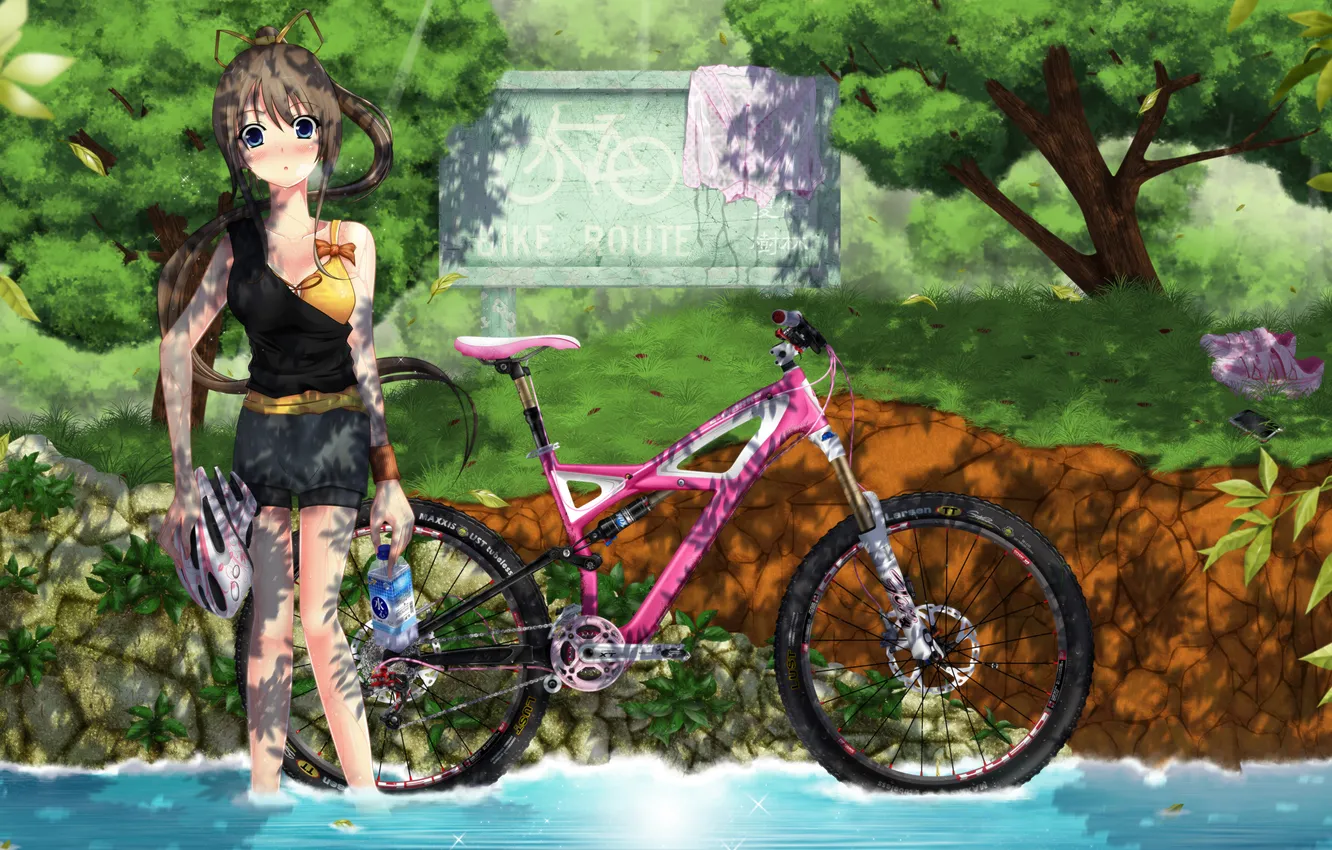 Фото обои лето, вода, девушка, деревья, велосипед, река, бутылка, мокрая