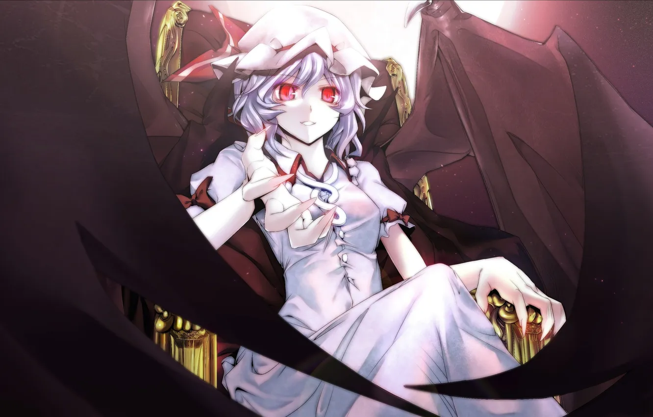 Фото обои улыбка, крылья, вампир, сидит, красные глаза, touhou, трон, remilia scarlet