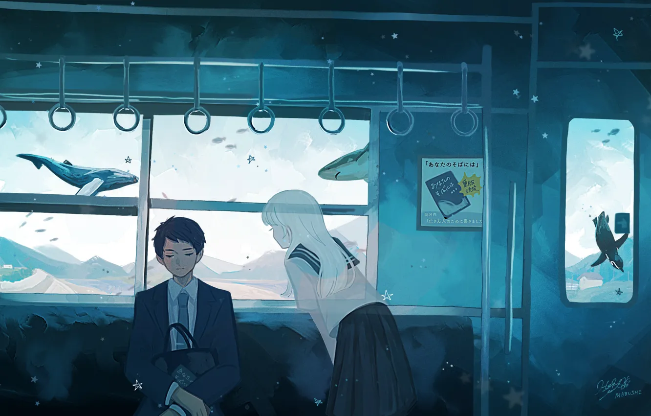 Фото обои девушка, поезд, фэнтези, кит, призрак, парень