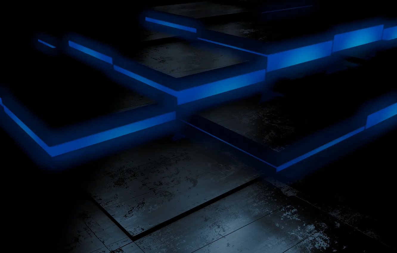 Фото обои black, blue, cubes, floor, dark background, jumps, fluorescent