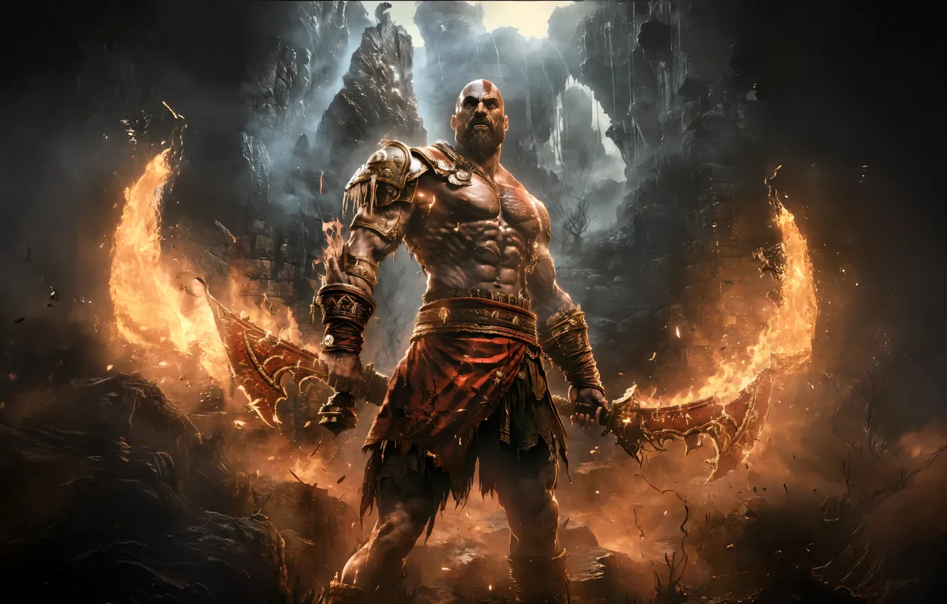 Фото обои sword, god of war, weapon, kratos, sony, snow, blow, man