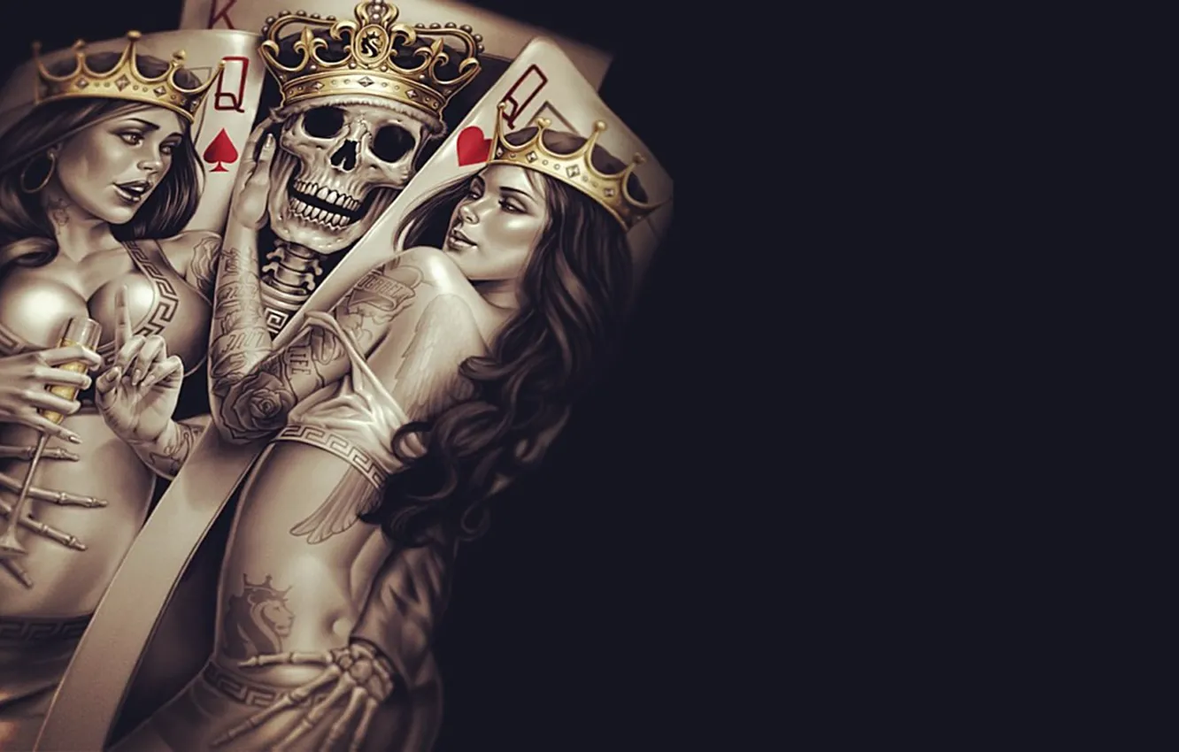 Фото обои skull, Queen, Cup, poker, bones, tattoos, Crown, King