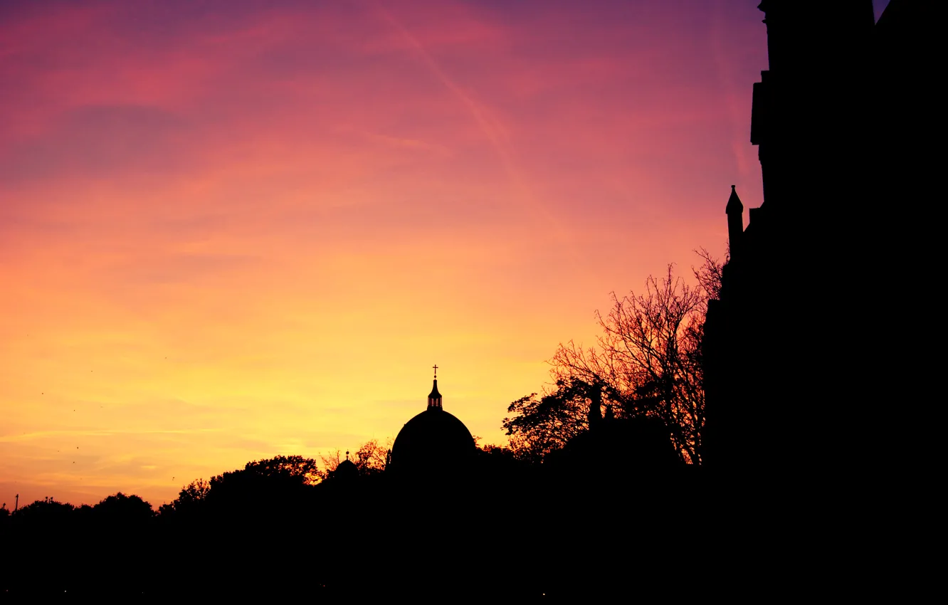 Фото обои небо, солнце, облака, закат, Германия, силуэт, собор, ярко