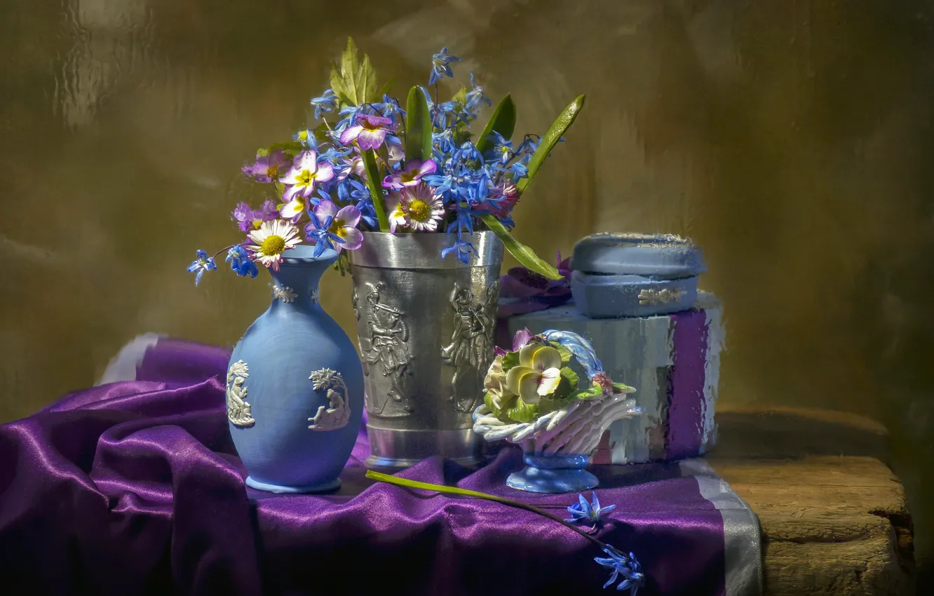 Фото обои цветы, ткань, первоцветы, вазочки, Светлана Сушкевич