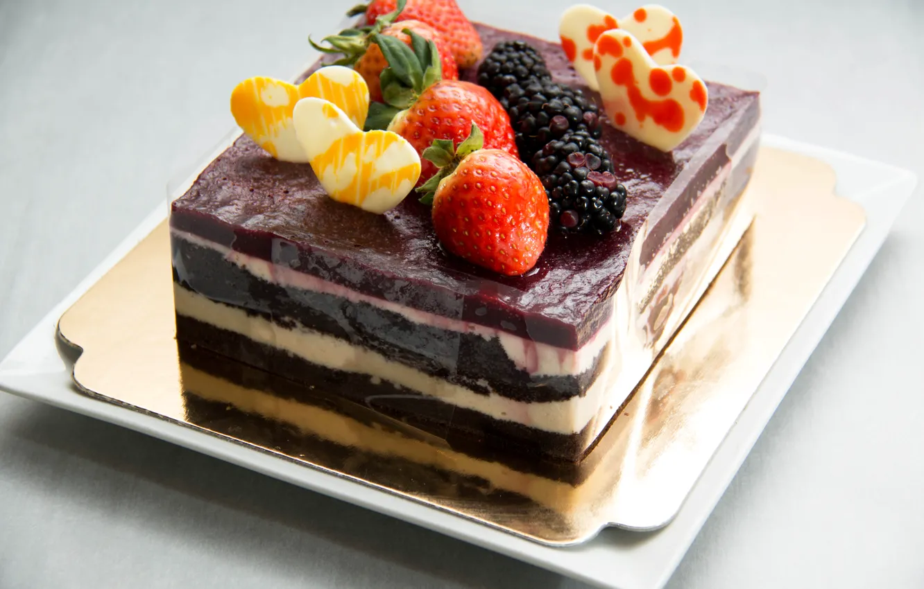 Фото обои ягоды, сердце, клубника, торт, пирожное, ежевика, Strawberry, сладкое
