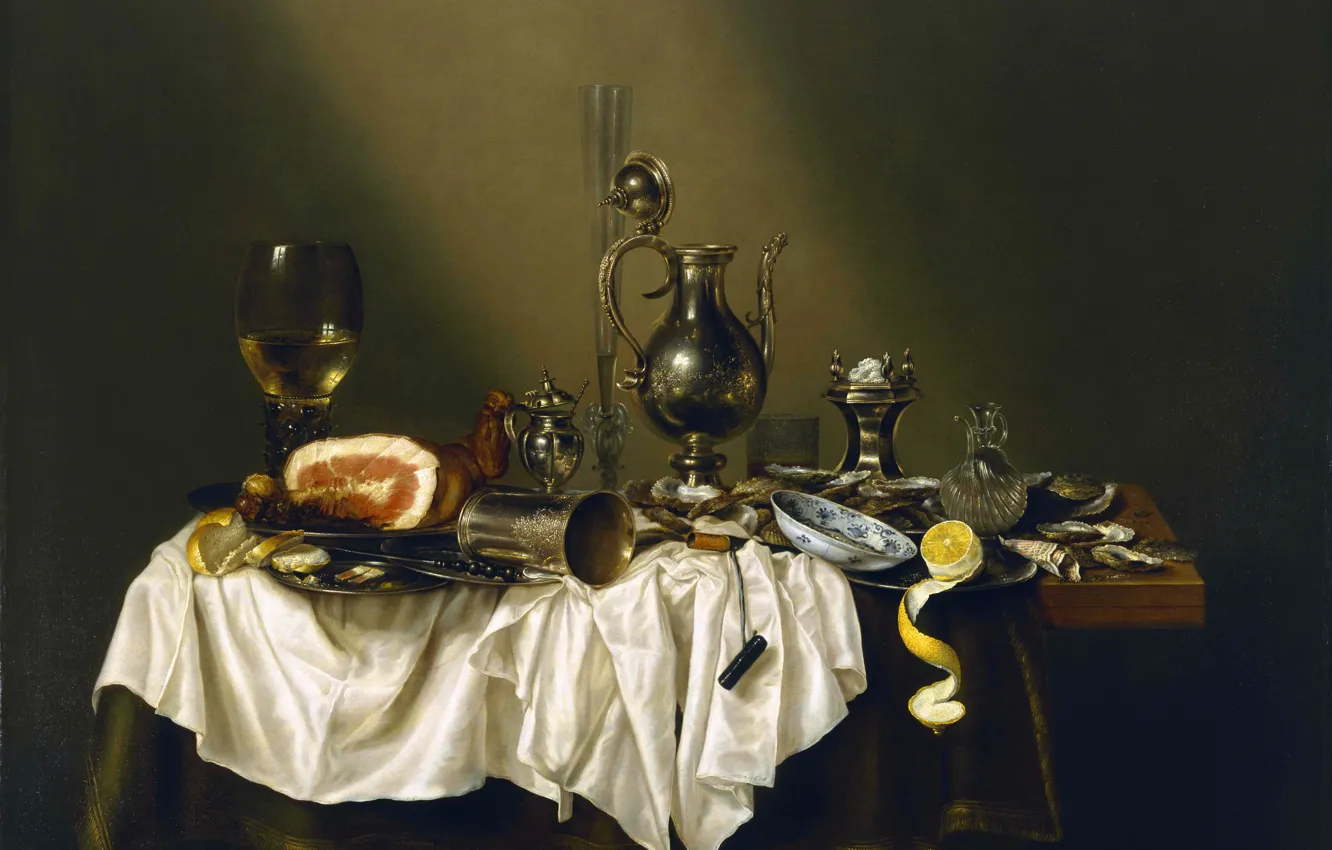 Фото обои Картина, Натюрморт, Виллем Клас Хеда, Willem Claesz. Heda, Банкетный стол с ветчиной, Голландский живописец