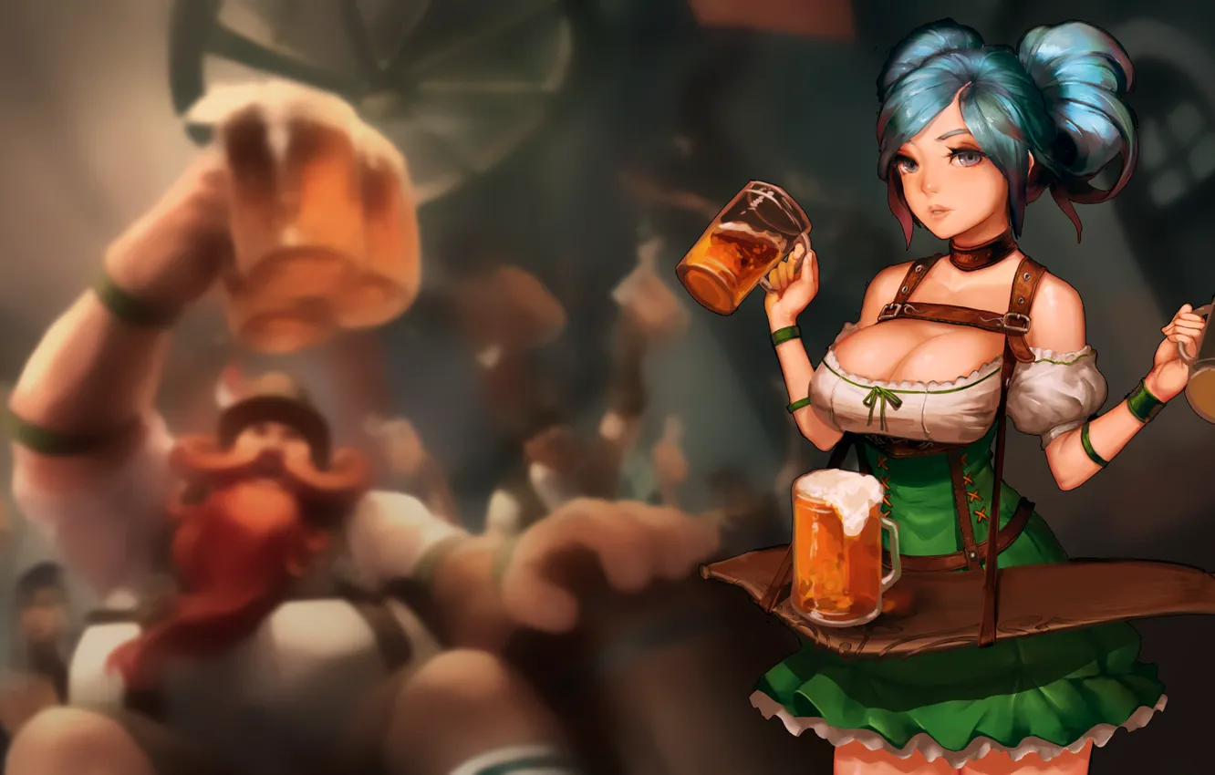 Фото обои девушка, пиво, арт, кружки, league of legends, эль, instant-ip, sona buvelle