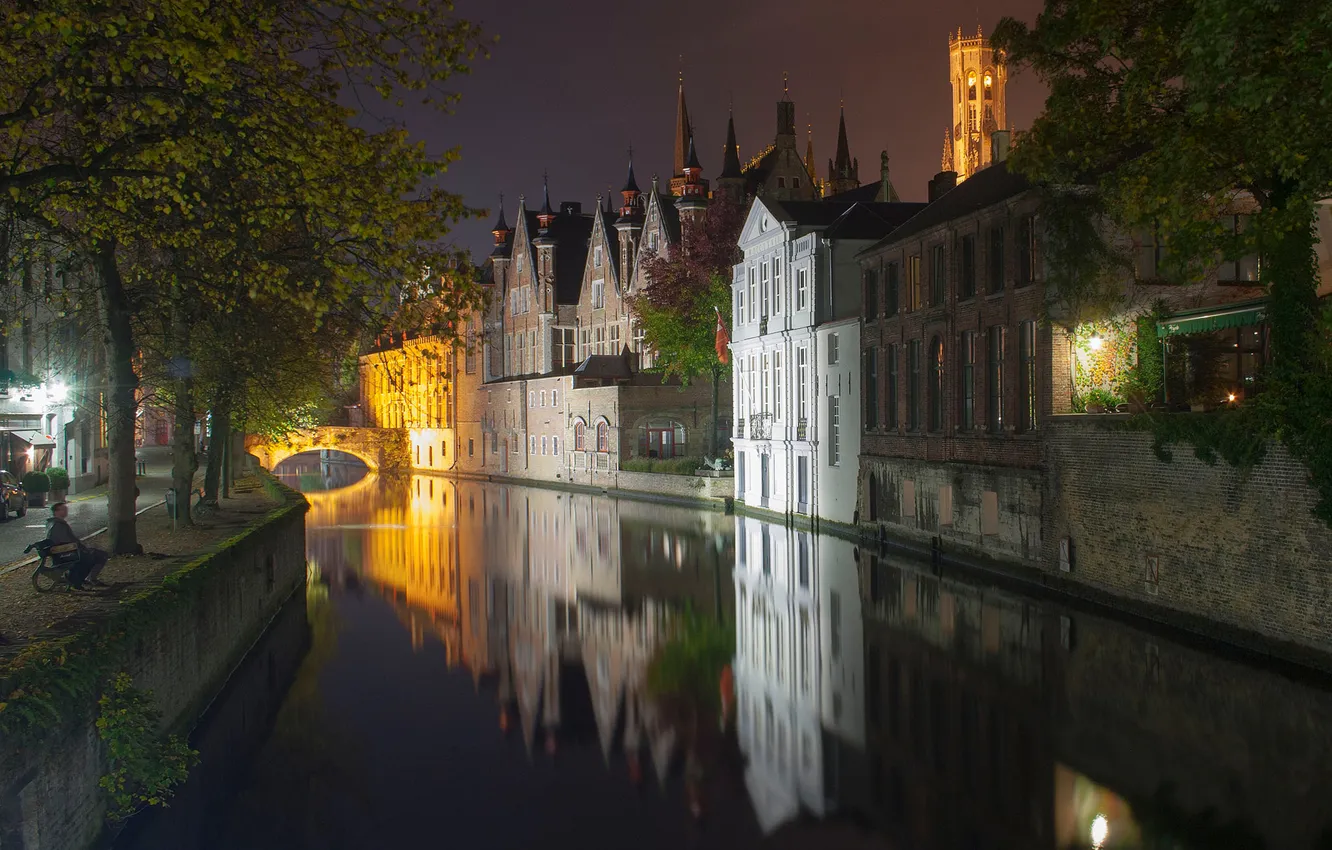 Фото обои ночь, мост, огни, дома, канал, Бельгия, Брюгге