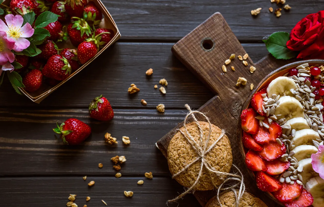 Фото обои печенье, клубника, бананы, fruits, berries, cookies, strawbery