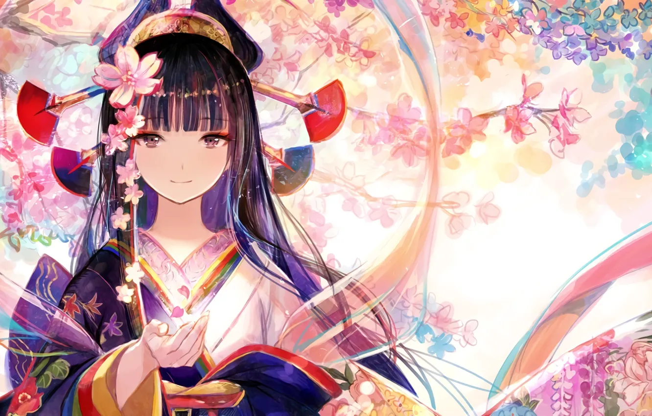 Фото обои взгляд, цветы, узор, сакура, прическа, девочка, кимоно, длинные волосы