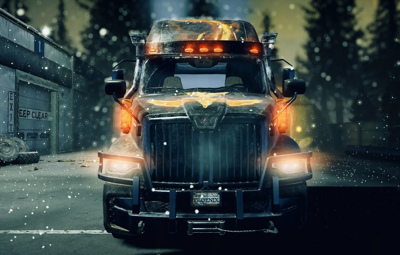 Фото обои HDR, Winter, Tree, Lights, Night, Truck, Game, Garage