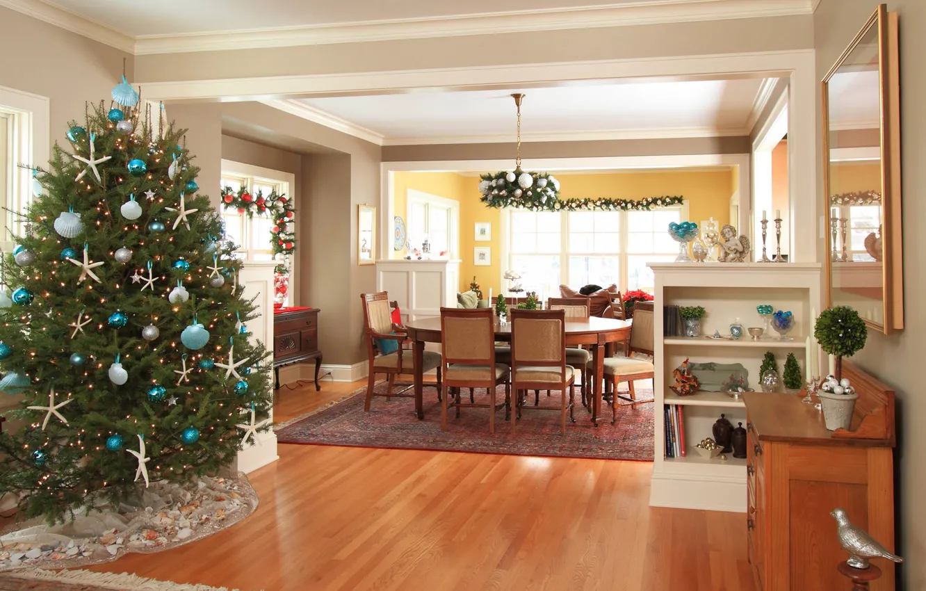 Фото обои украшения, елка, интерьер, Рождество, Новый год, столовая