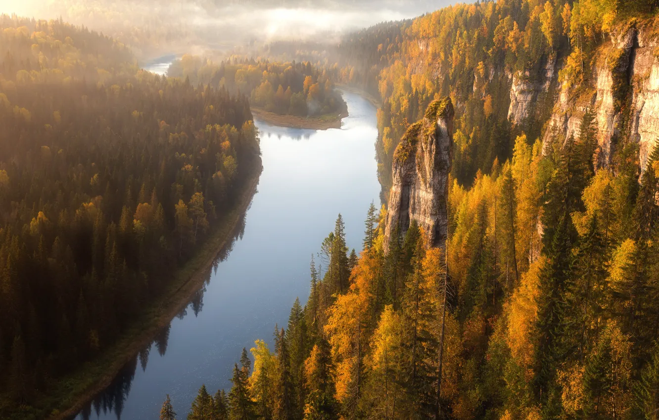 Фото обои осень, лес, река, скалы, высота, Кузнецов Кирилл