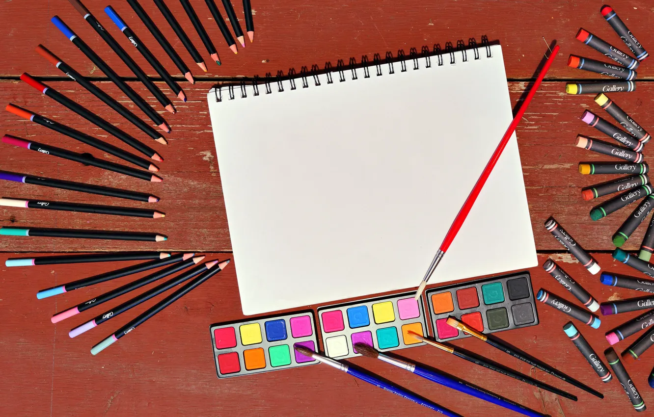 Фото обои цвета, лист, карандаши, кисточка, рисование, мелки, краск