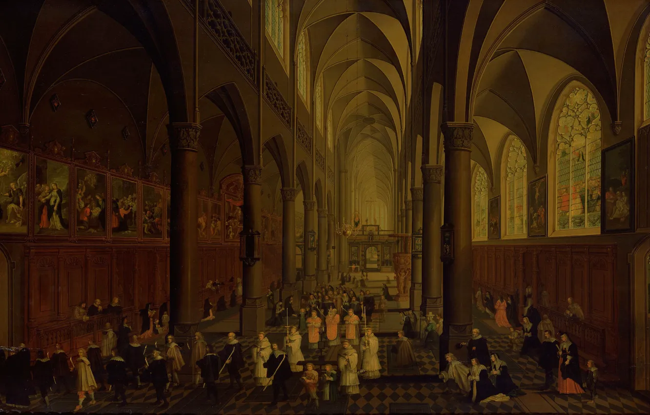 Фото обои масло, интерьер, картина, 1636, Питер Нефс, Доминиканская церковь в Антверпене изнутри, Pieter Neeffs