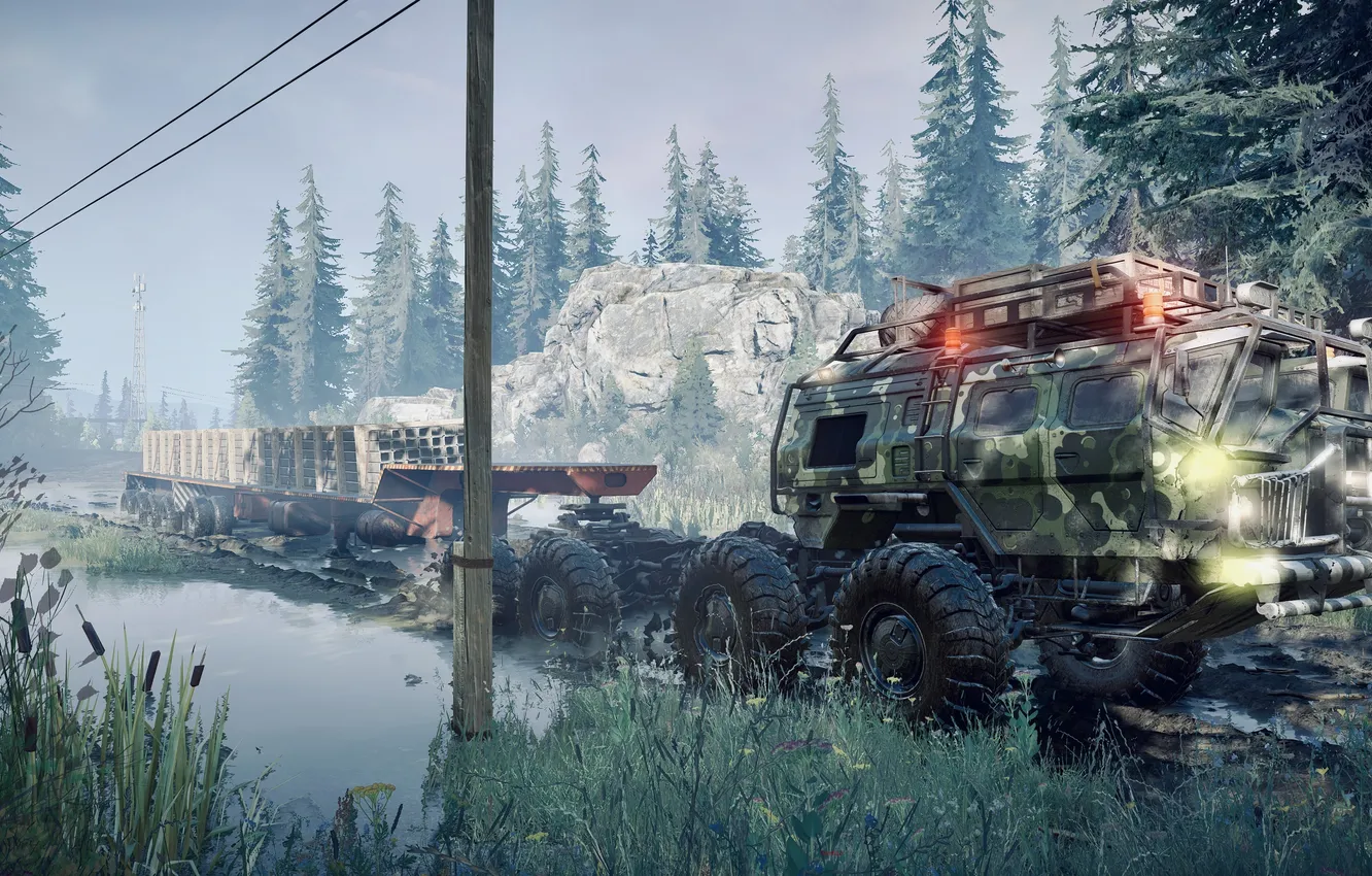 Фото обои HDR, Water, Truck, Game, Trailer, Trees, Offroad, Mud