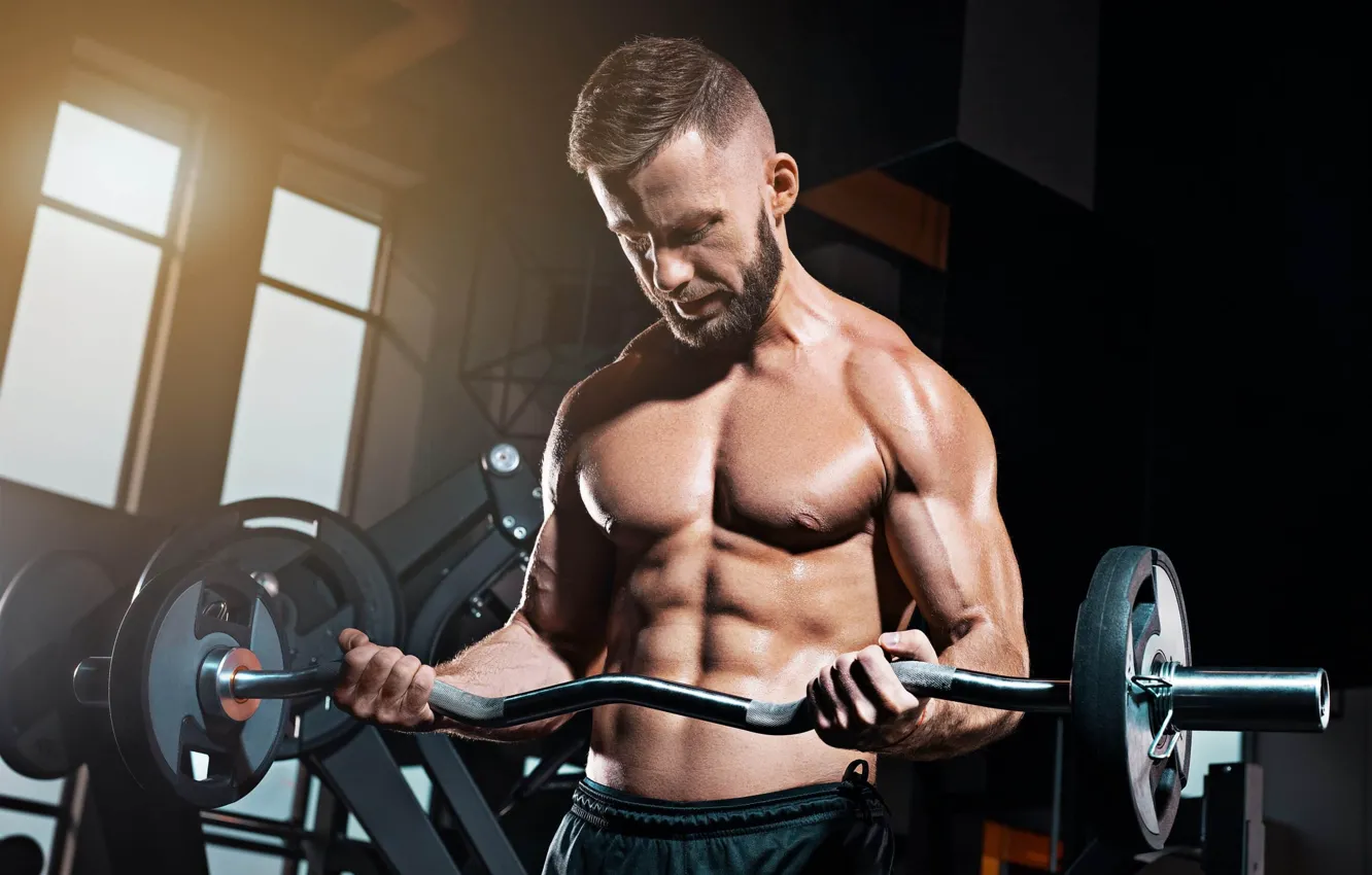 Фото обои поза, прическа, борода, muscle, мышцы, штанга, hair, атлет