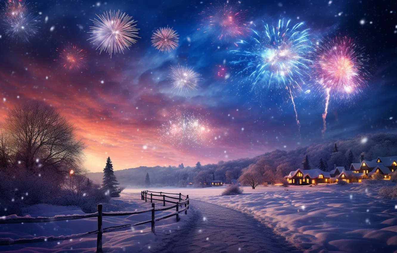 Фото обои зима, снег, ночь, lights, новый год, салют, деревня, Рождество
