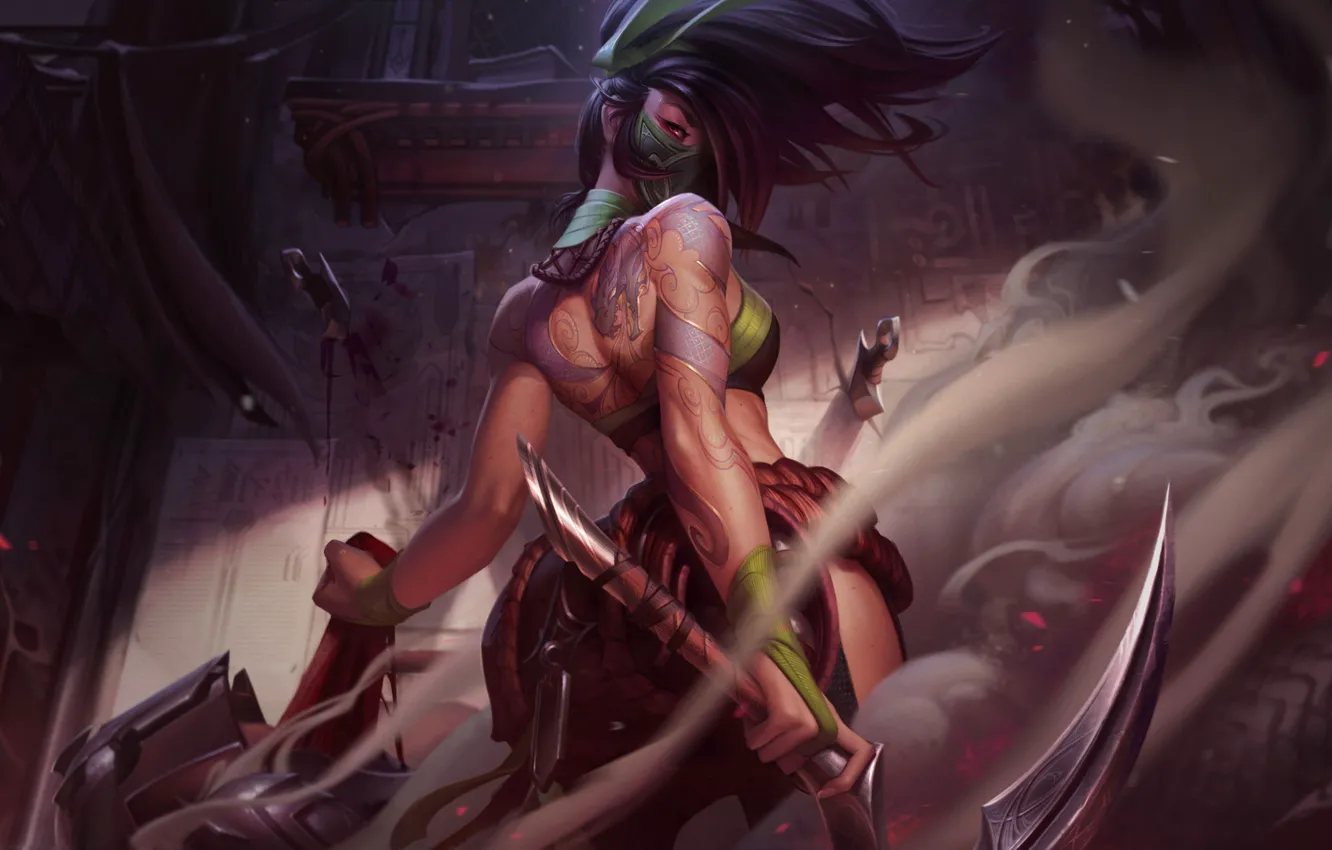 Фото обои взгляд, оружие, арт, Akali, League of Legends, ирга