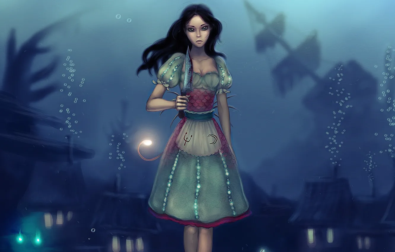 Фото обои пузырьки, кровь, игра, платье, арт, Алиса, нож, под водой