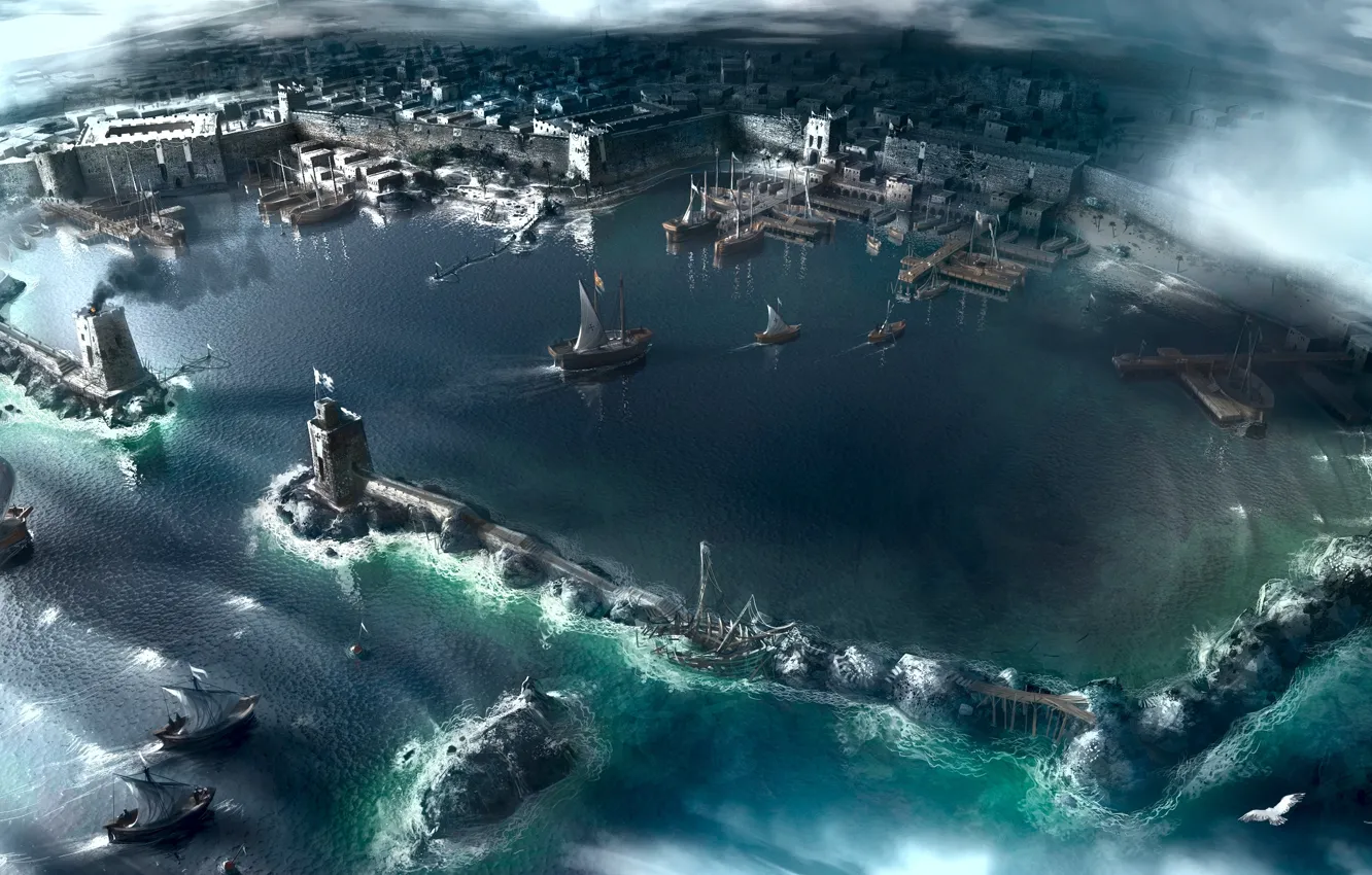 Фото обои море, город, корабли, порт, assassins creed, акра