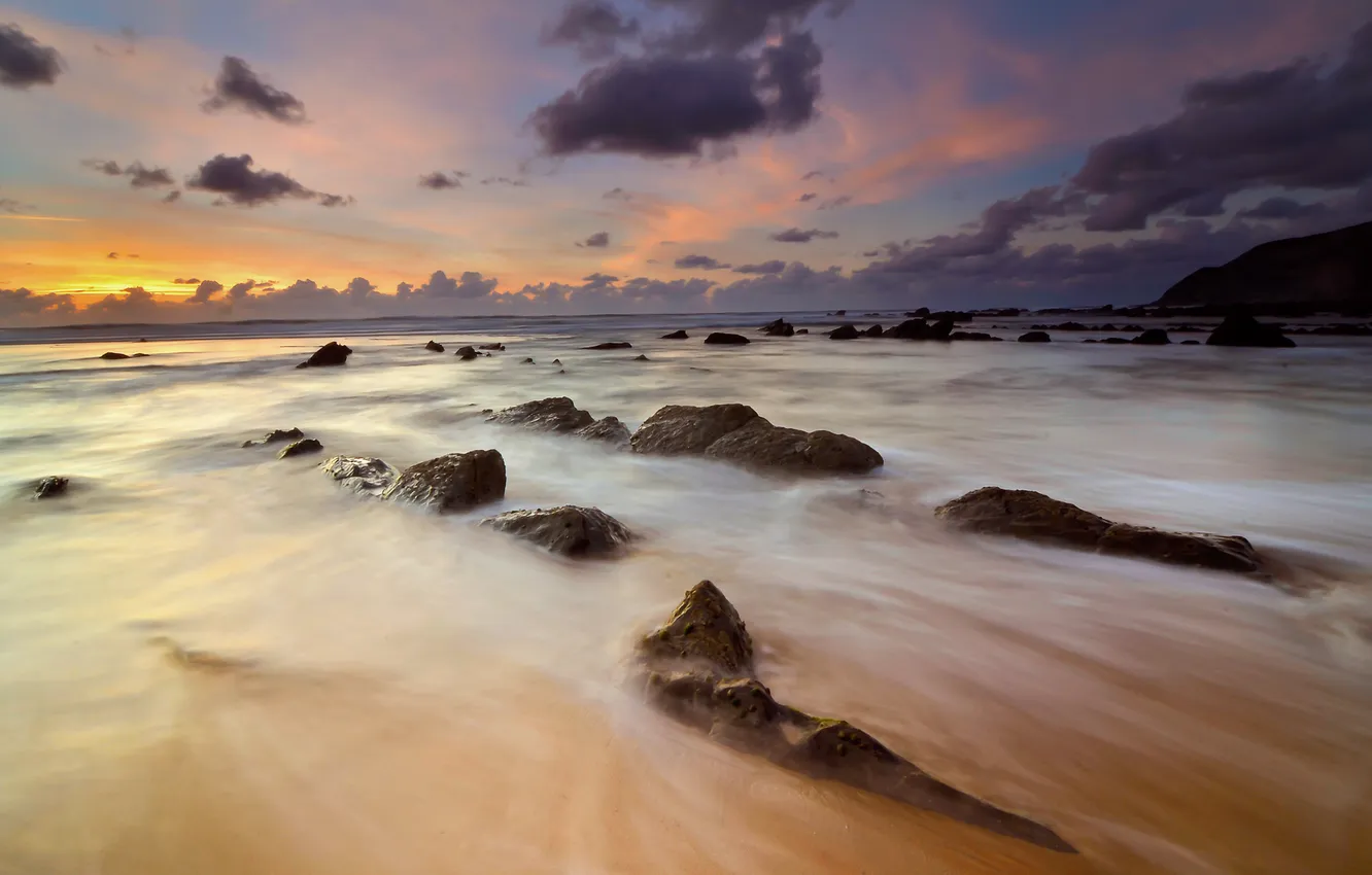Фото обои море, пляж, закат, камни