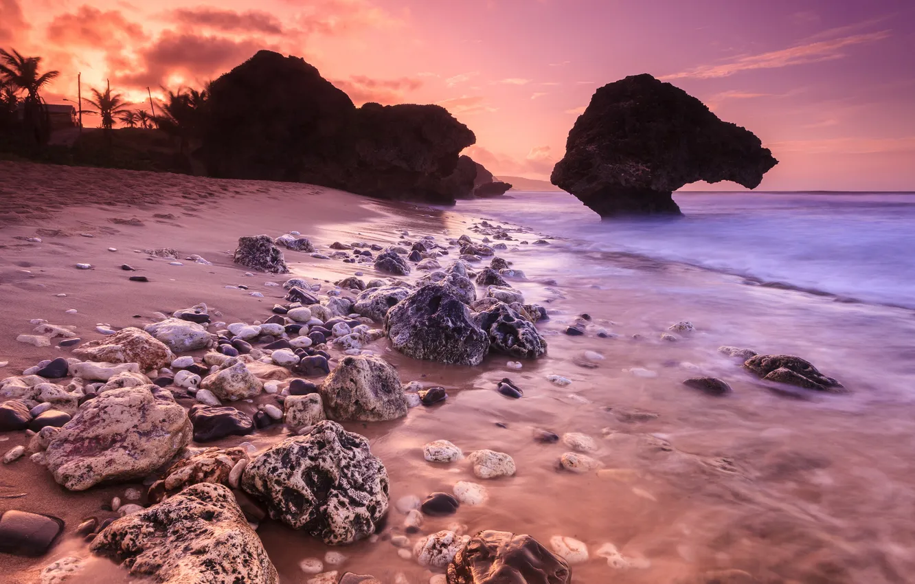 Фото обои пляж, закат, камни, океан, скалы