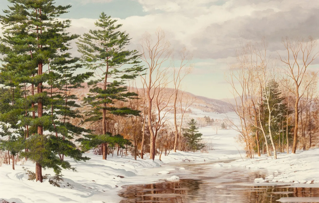 Фото обои зима, лес, пейзаж, река, Carl Wuermer