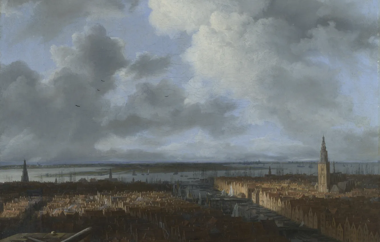 Фото обои пейзаж, картина, Якоб ван Рёйсдал, Jacob van Ruisdael, Панорамный вид на Амстердам