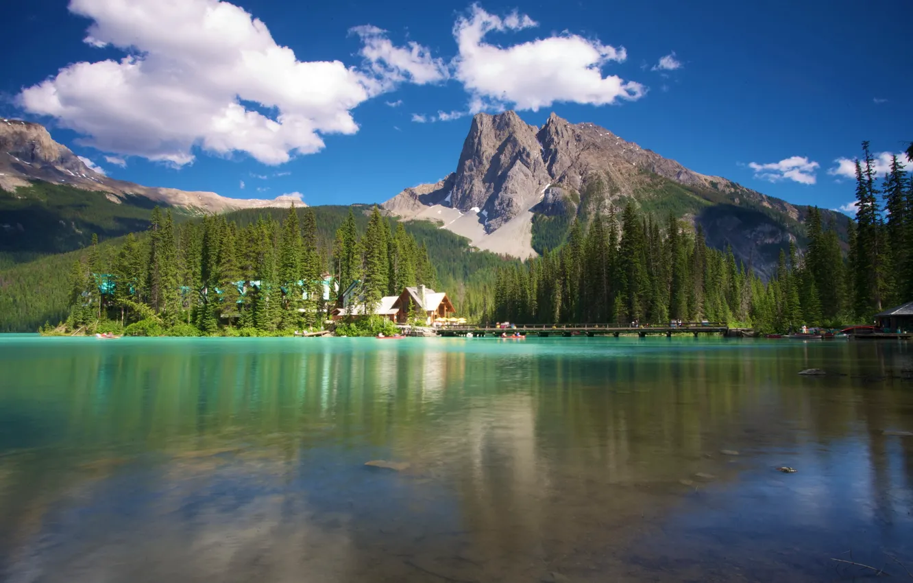 Фото обои лес, горы, река, Канада, Canada, домики., Yoho, Emerald