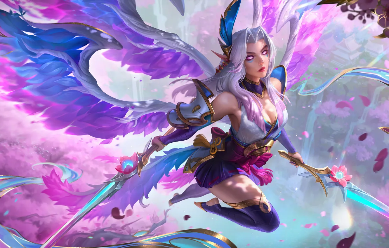 Фото обои полет, оружие, Кайли, game, character, белые волосы, персонаж, League of Legends