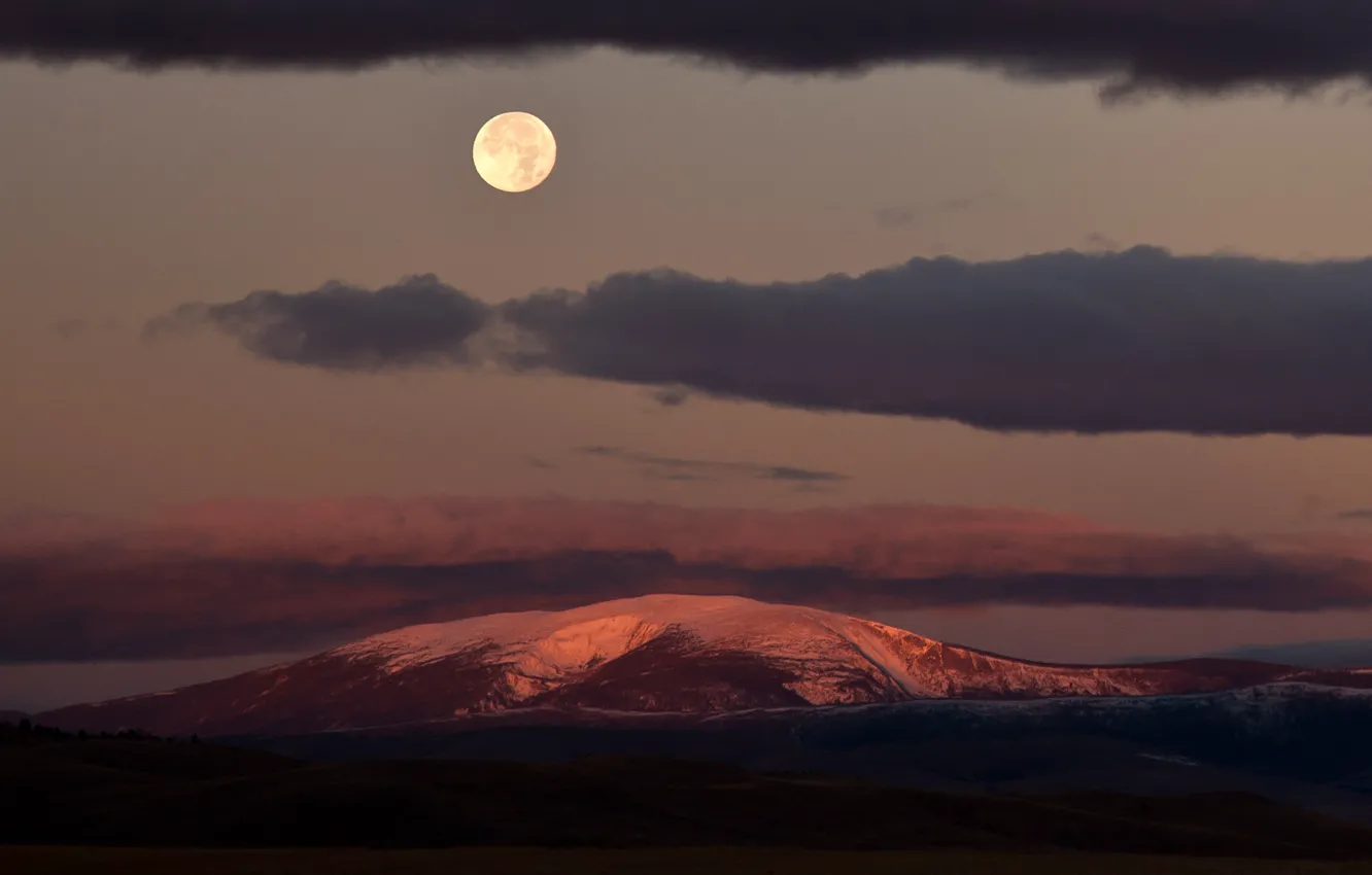 Фото обои moon, United States, twilight, clouds, dusk, full moon, Montana, Mount Baldy