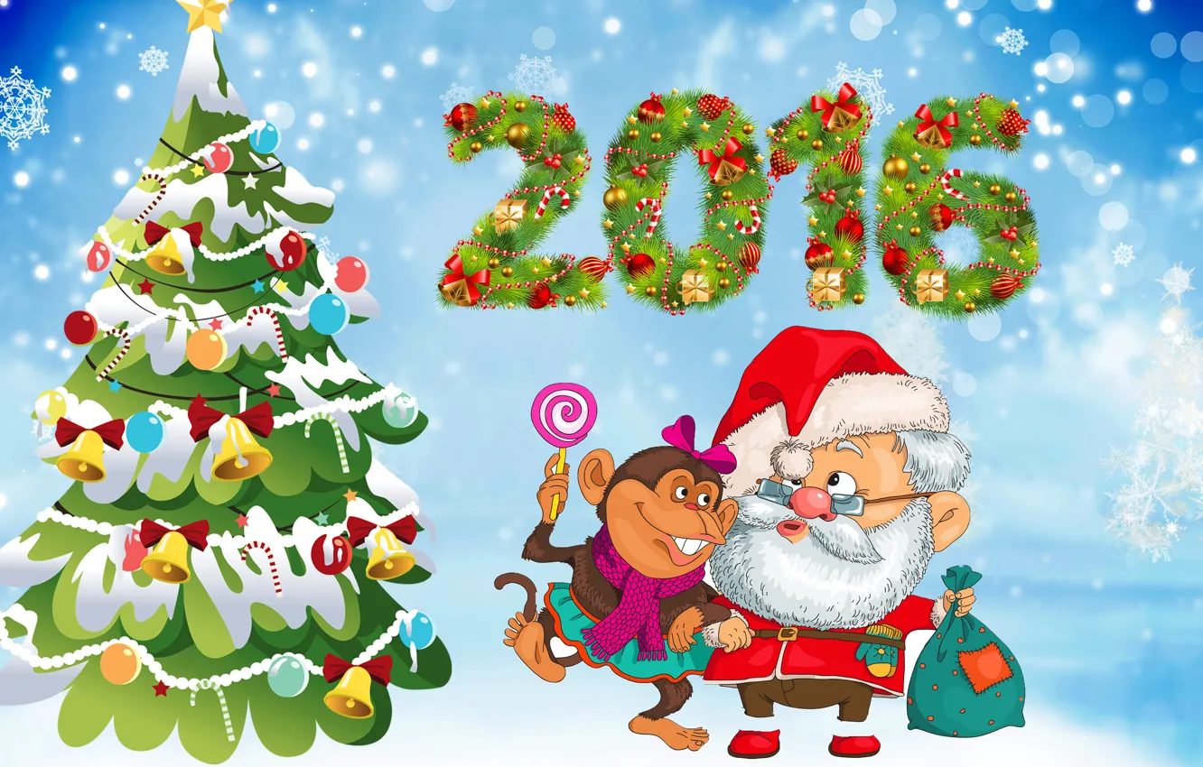 Фото обои елка, обезьяна, Новый год, New Year, Monkey, 2016