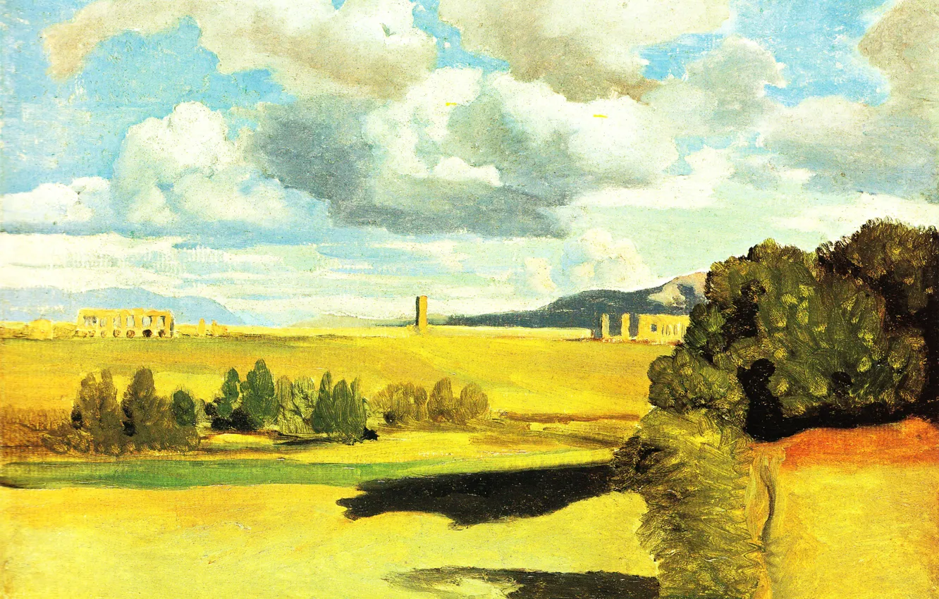 Фото обои пейзаж, картина, руины, Жан Батист Камиль Коро, Jean-Baptiste Camille Corot, Римская Кампанья с Акведуком Эпохи …