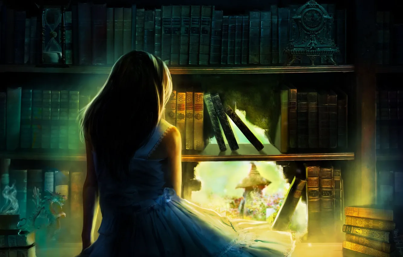Фото обои девушка, свет, волосы, спина, часы, книги, дыра, арт