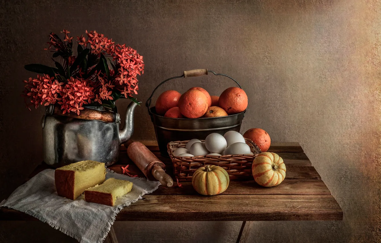 Фото обои яйца, букет, апельсины, чайник, хлеб, тыквы, натюрморт