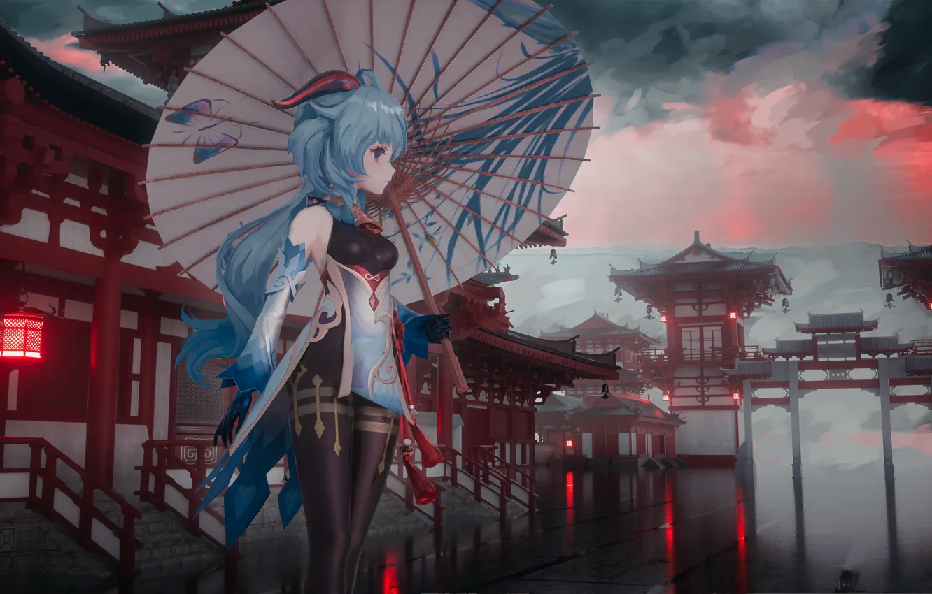 Фото обои девушка, город, дождь, зонт, Genshin Impact, Ganyu