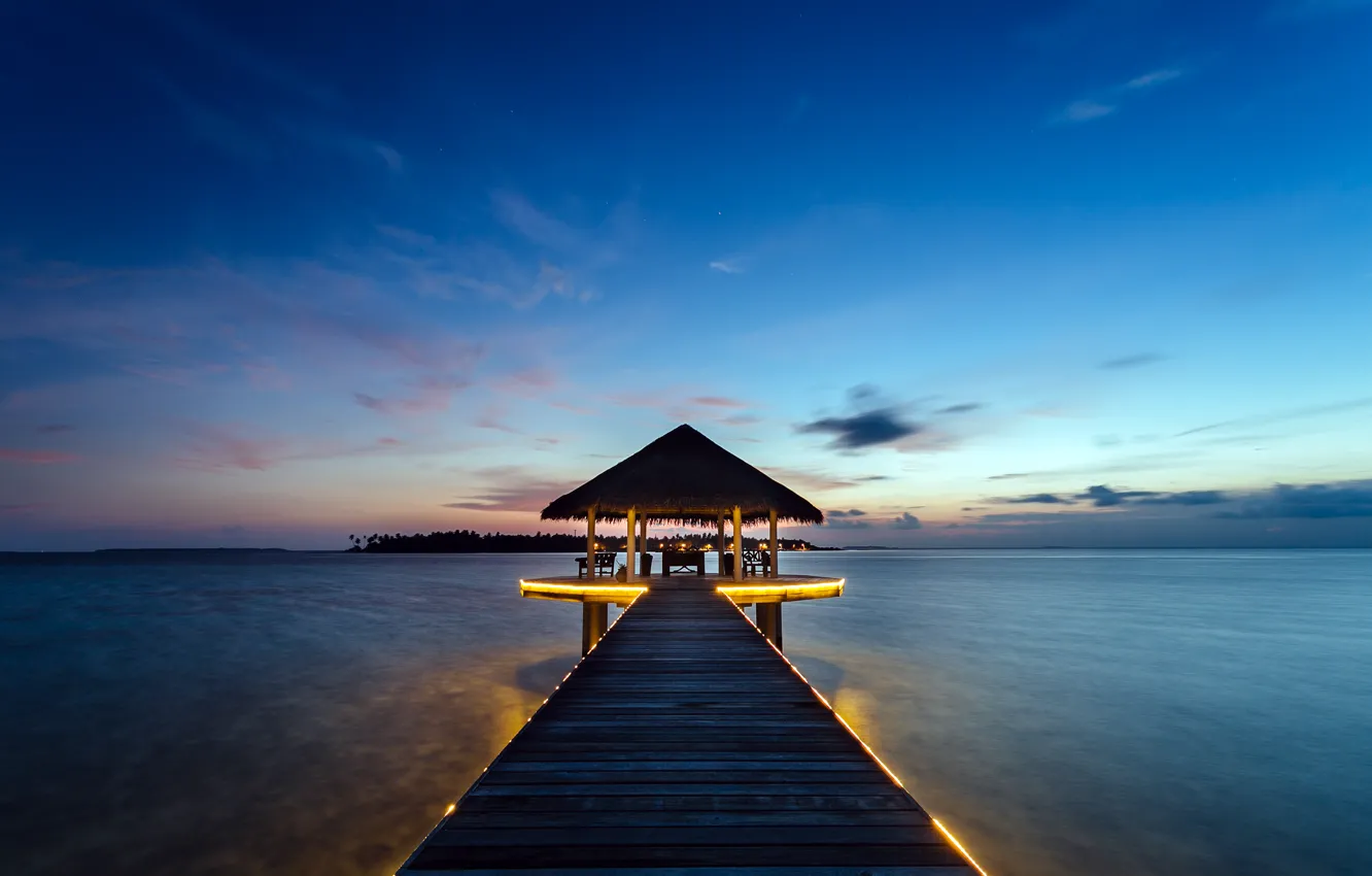 Фото обои пейзаж, закат, океан, курорт, бунгало, Maldives, Kihaadhuffaru Island