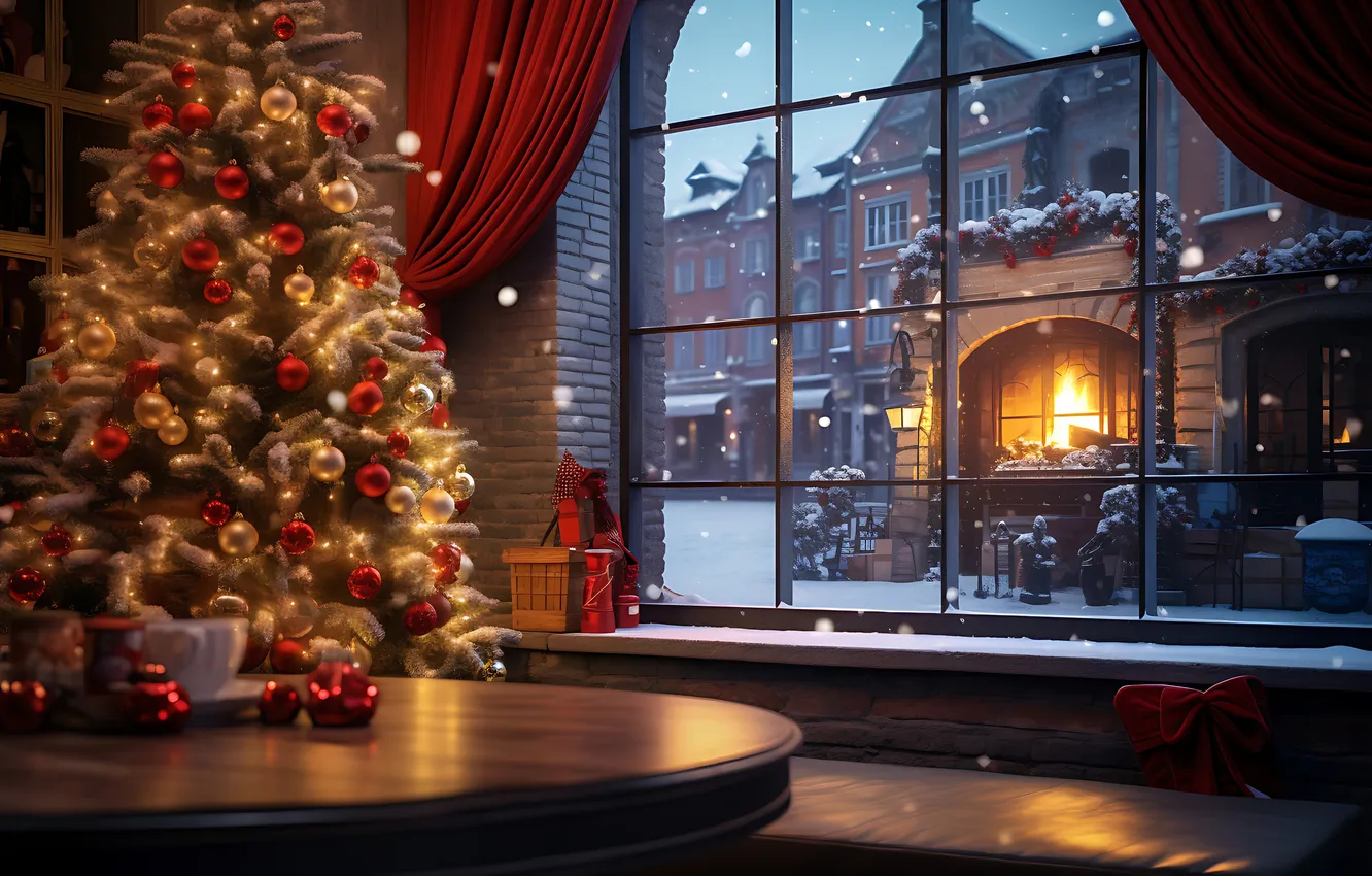 Фото обои зима, снег, город, комната, шары, елка, интерьер, окно