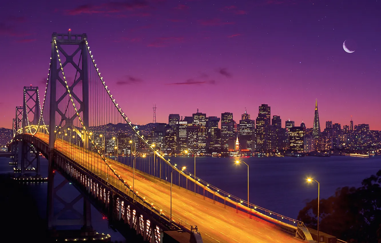 Фото обои World, Sunset, San Francisco, Twilight, Oakland Bay Bridge, Long exposure, Crescent Moon, Purple sky