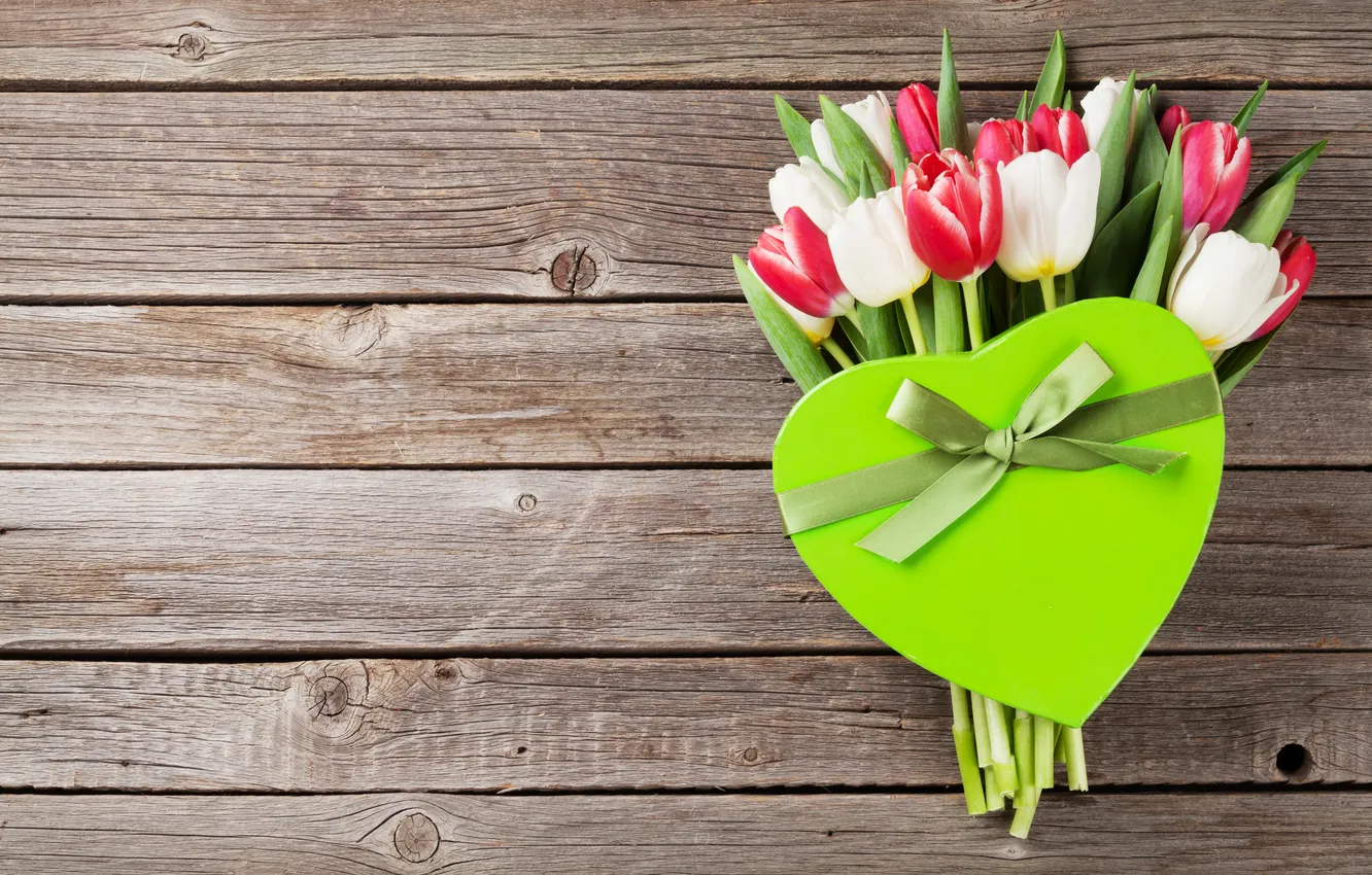 Фото обои цветы, подарок, букет, тюльпаны, red, love, white, heart