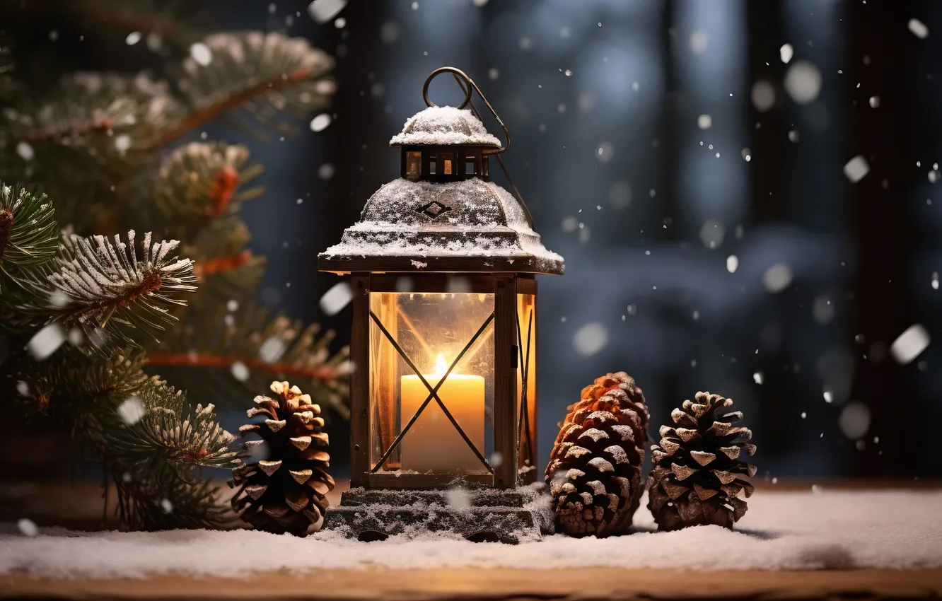 Фото обои зима, снег, ночь, Рождество, фонарь, Новый год, Christmas, night