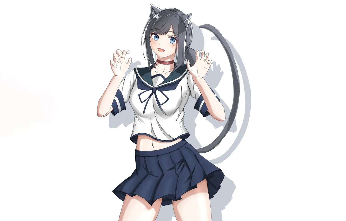 Фото обои girl, school uniform, animal ears, anime, blue eyes, beautiful, short hair, pretty