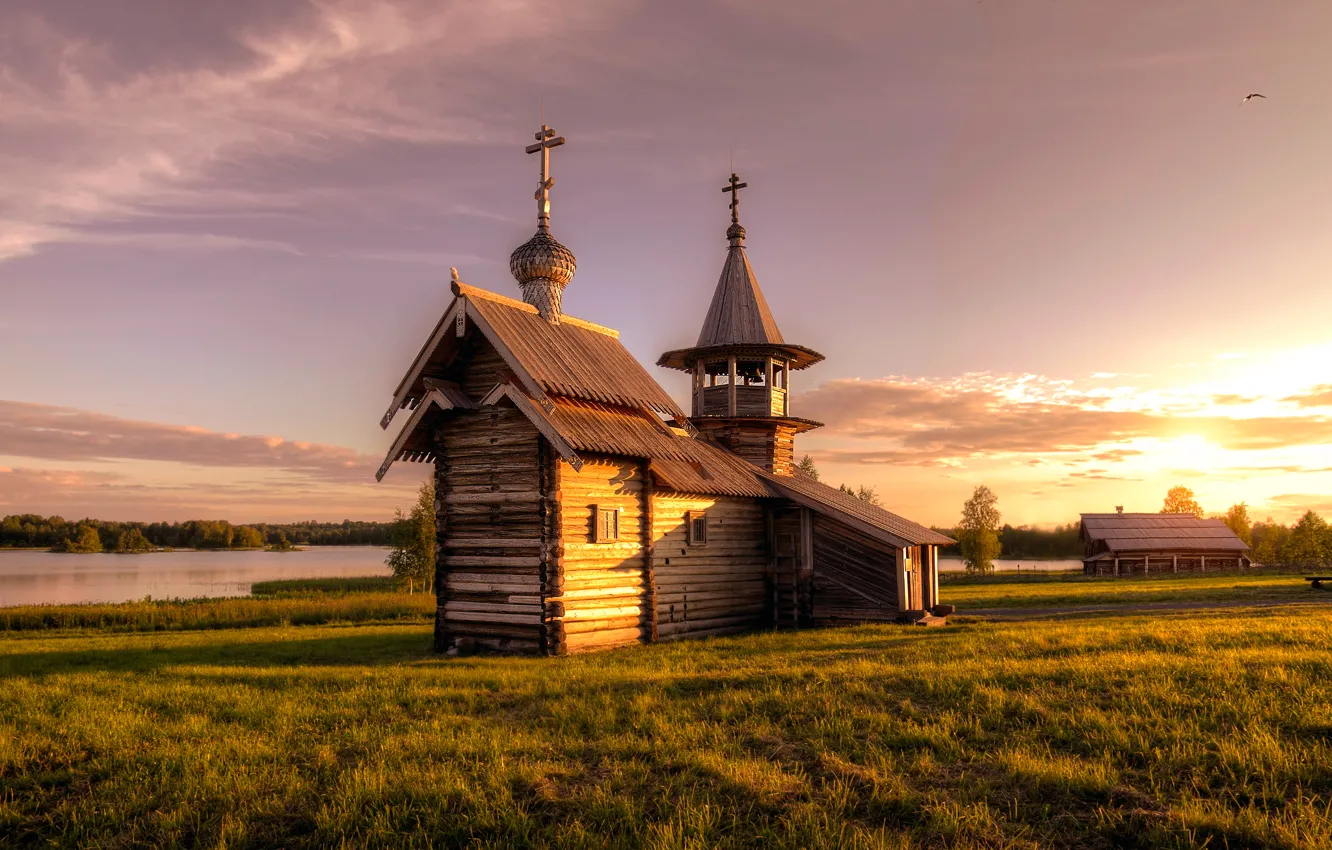 Фото обои осень, церковь, Россия, Кижи