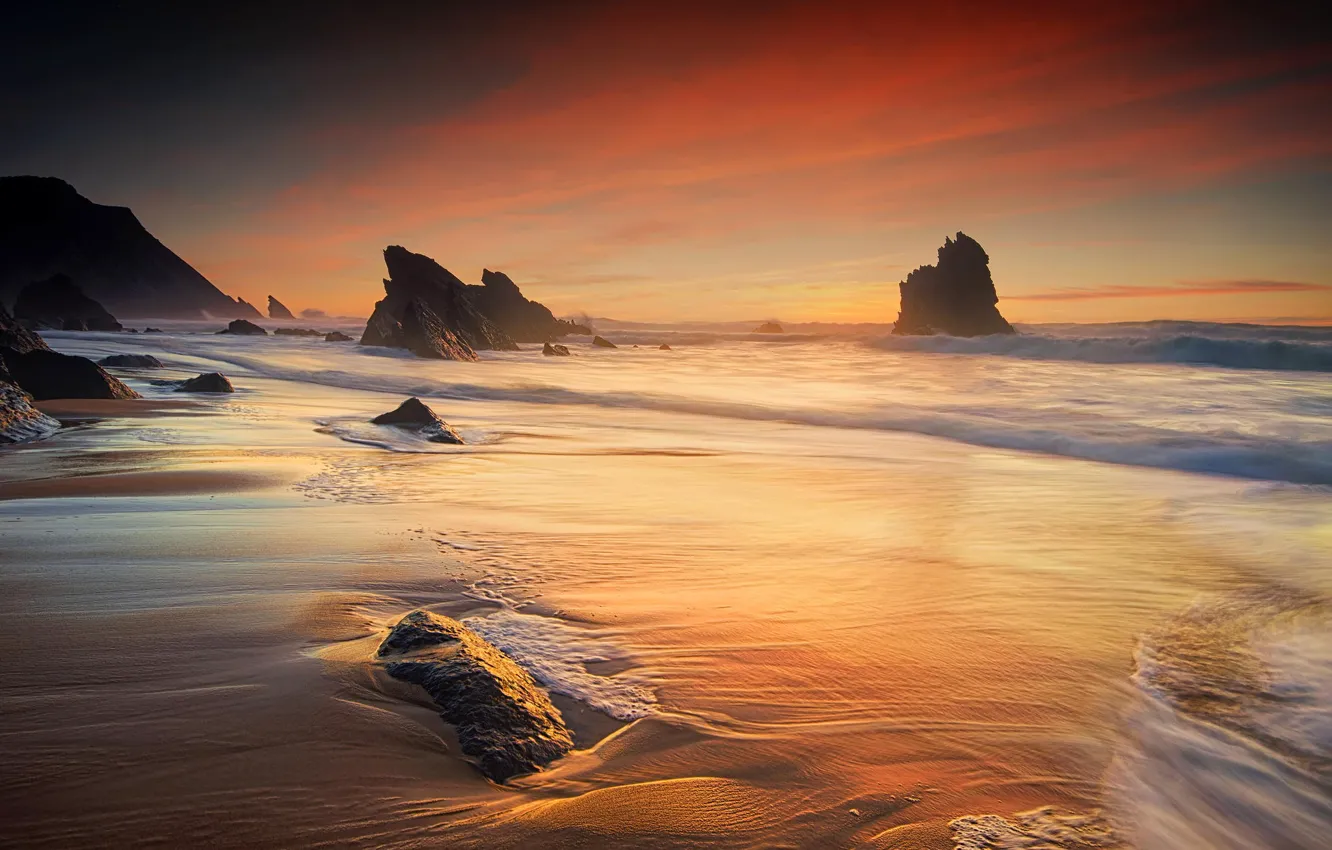 Фото обои песок, волны, пляж, пейзаж, океан, скалы